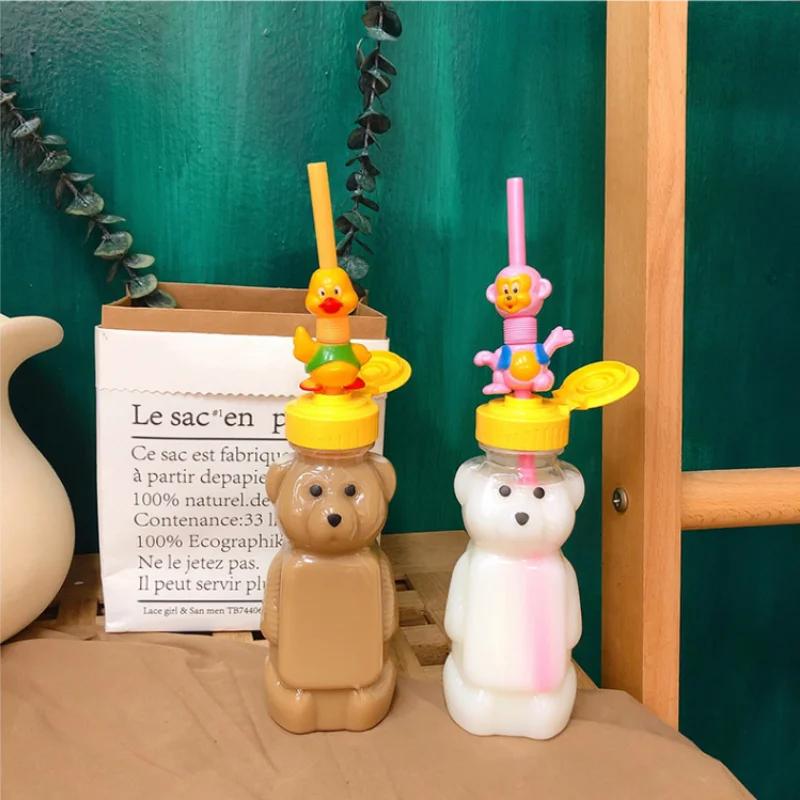 Cute Creative Portable Water Bottle Student Personalized Straw Traveling Plastic Cup Bear Transparent Bottle Child Water Bottles