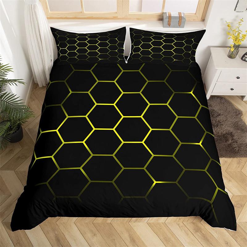 Boys Cartoon Honeycomb Duvet Cover Geometry Hexagon Bedding Set Twin King Polyester Colorful Grid Art Neon Decor Comforter Cover