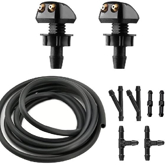 Car Front Windshield Washer Nozzles, Double-Hole Auto Wiper Water Sprayers with Hose and Connectors, Adjustable Nozzle Washer Kit for Most Vehicles