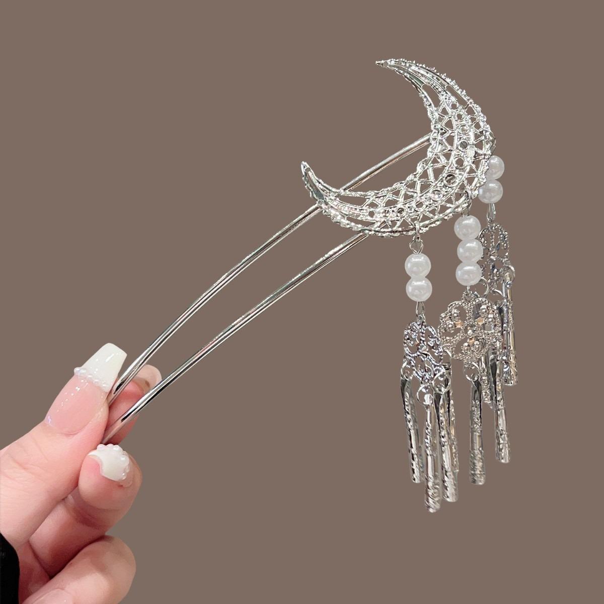 

1pc Silver Moon Hair Stick Intricate Filigree Design Pearl Tassel Charms Perfect Gothic Celestial Hairstyles Unique Personality