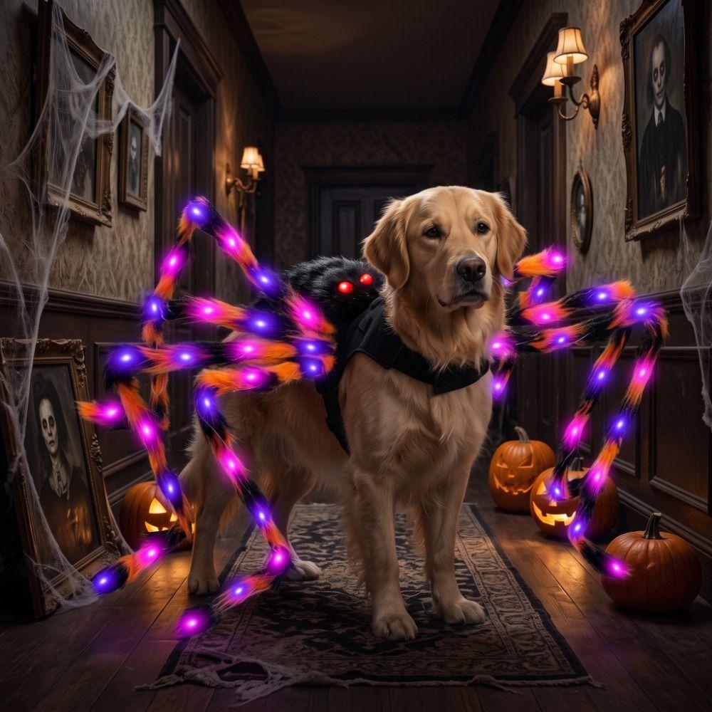 LED Purple Lights Halloween Pet Spider Costume Furry Pet Cosplay Costume Halloween Party