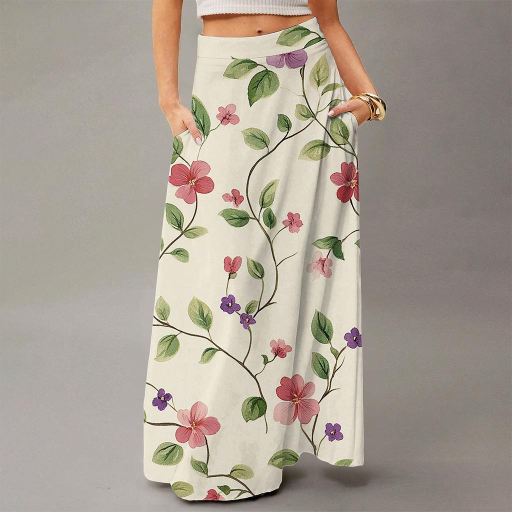 Damen Lässig Freizeit Faltbar Blumenmuster Hohe Taille Mit Tasche Drapierter Entspannter Langer Maxi-Rock