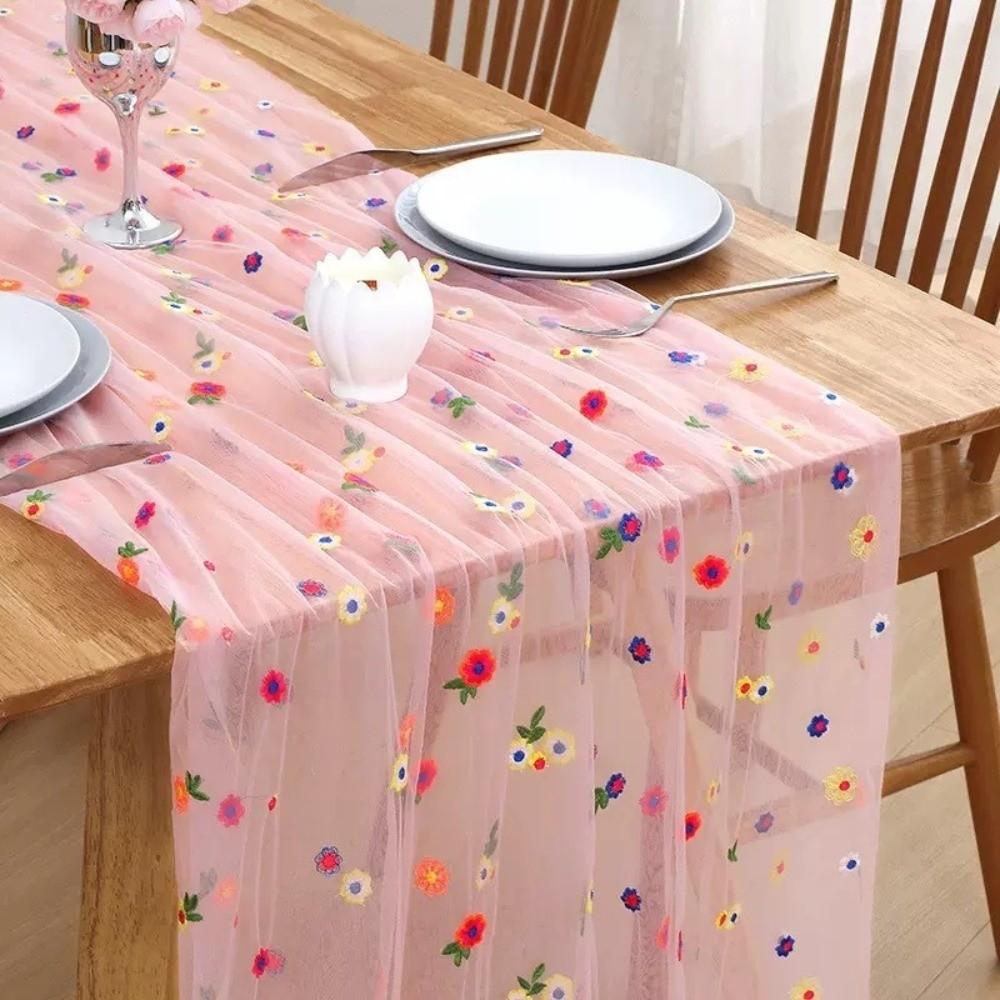 Colorful Flower Lace Tulle Runner Embroidery Daisy Floral Table Cover  for Bridal Shower