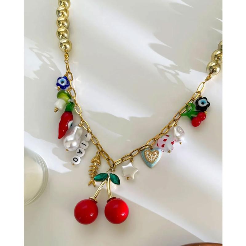 Colorful Summer Cherry Necklace Trendy Dopamine Jewelry Lightweight Stainless Steel Chain For Women