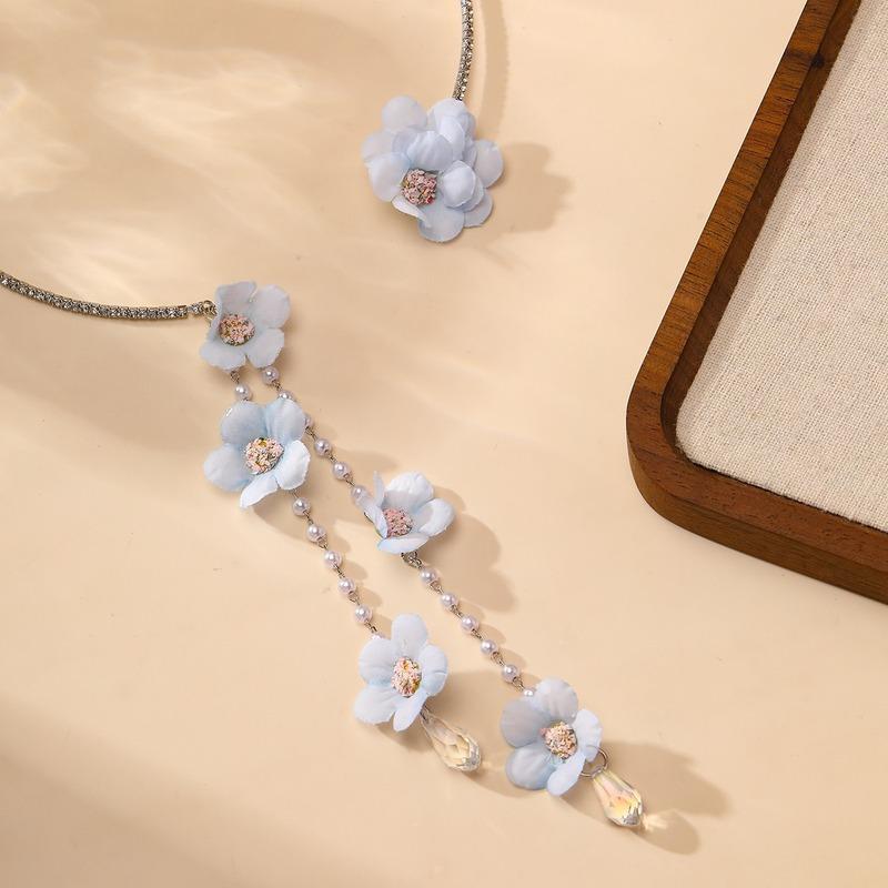 Light Blue Fabric Flower Tassel Choker Necklace Rhinestone Collar Necklace Floral Pendant Necklaces For Women Wedding Daily Part