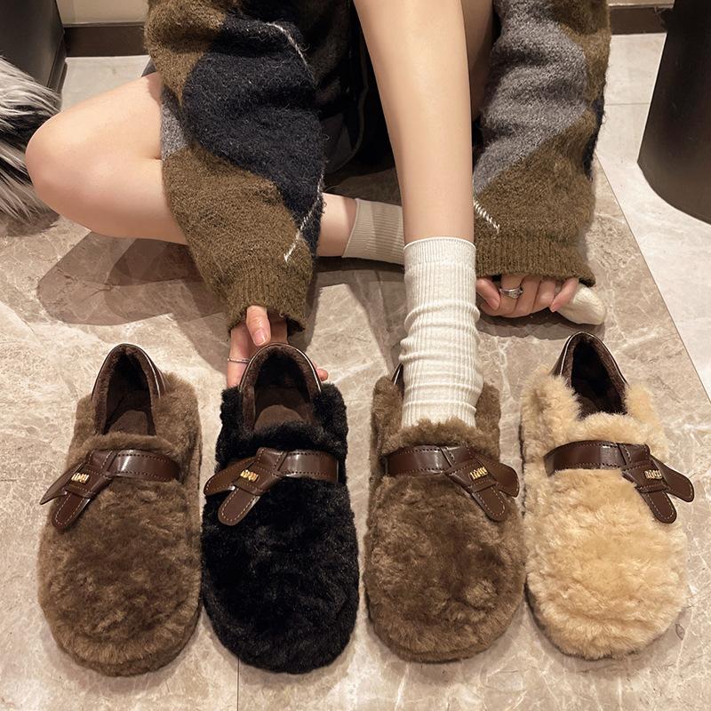 French lamb wool shoes women's outer wear 2025 winter new thick-soled versatile one-pedal bean shoes velvet cotton shoes