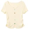 Sancai 2026 Summer Heart Button V-Neck Short Sleeve Slim Tee
