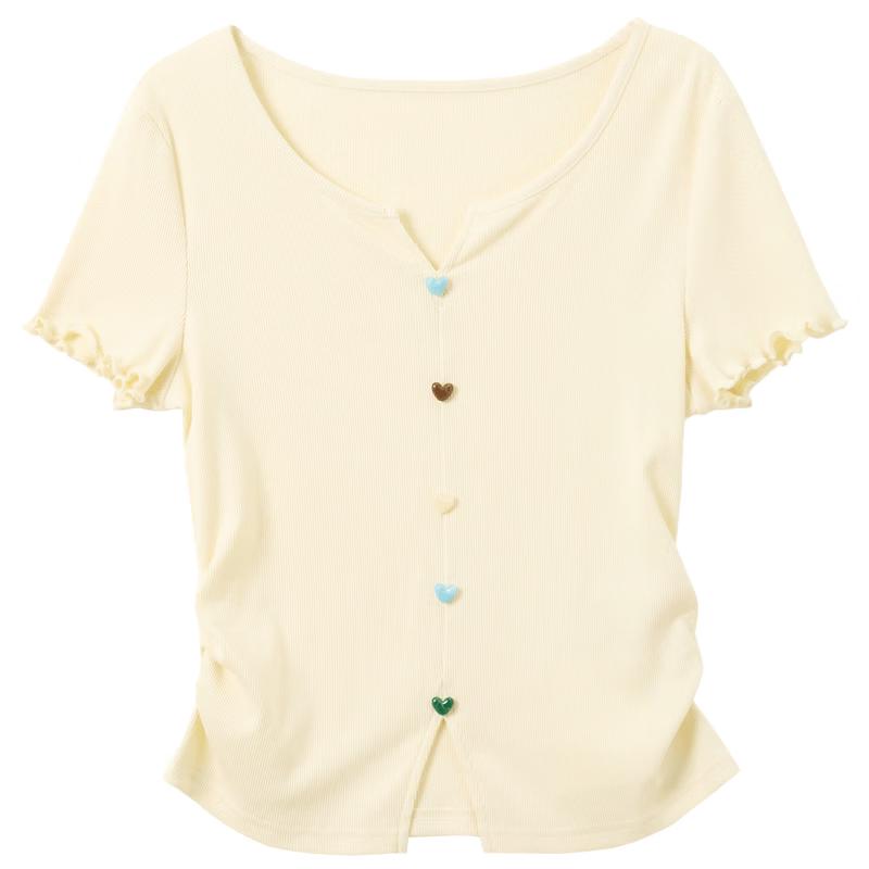 Sancai 2026 Summer Heart Button V-Neck Short Sleeve Slim Tee XL