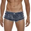 Men’s Low Rise Extra Short Denim Shorts Raw Edge Ripped Side Lace Up Hot Pants for Rave Clubbing