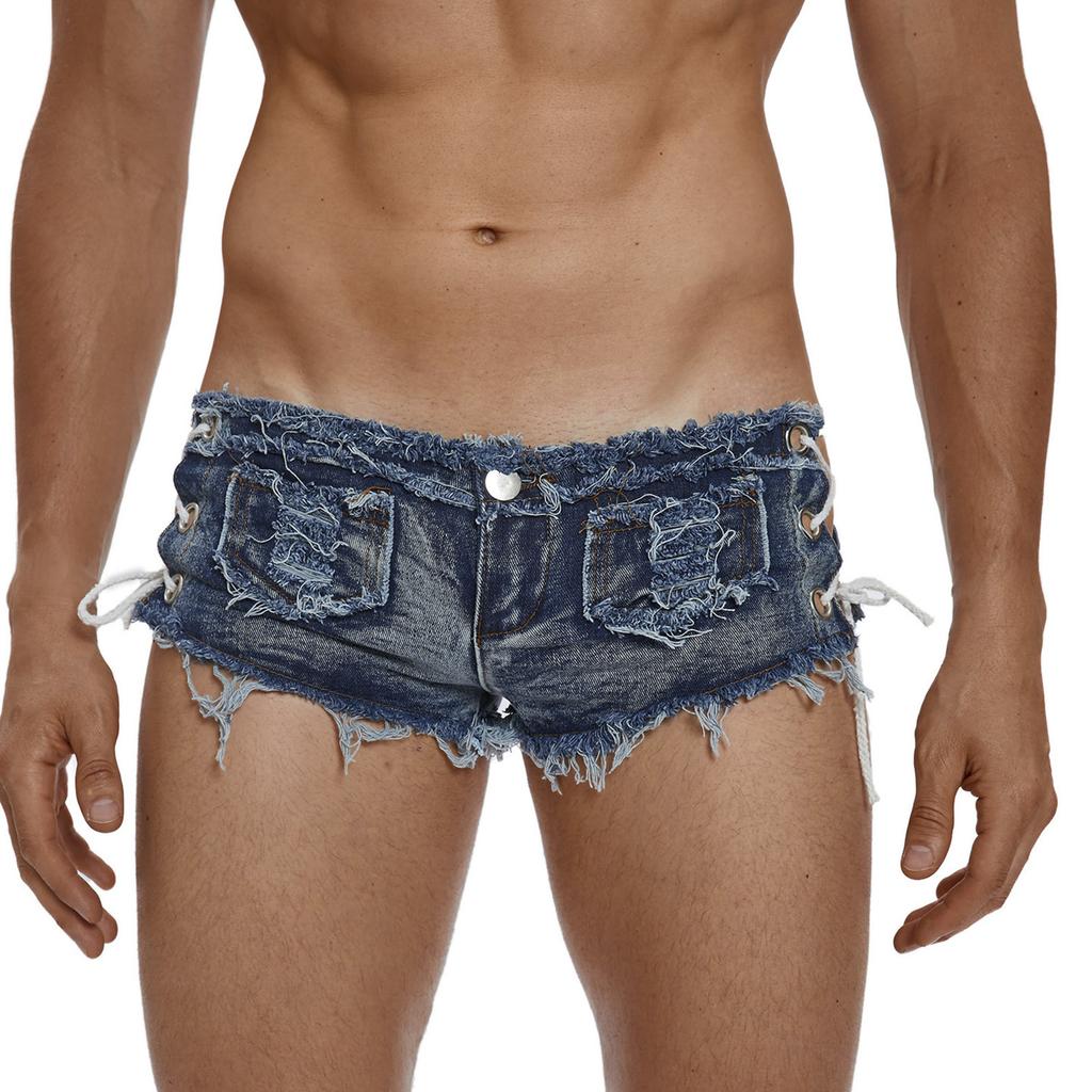 Men’s Low Rise Extra Short Denim Shorts Raw Edge Ripped Side Lace Up Hot Pants for Rave Clubbing