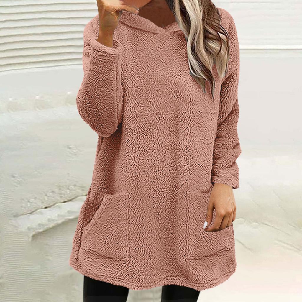 Womens Fuzzy Fleece Pullover  Double  Hoodies Ladies Warm Tops Winter Cozy Sweatshirt With Pockets
