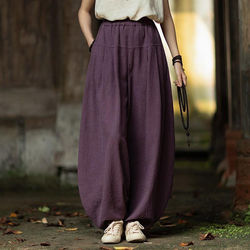 Johnature Women Vintage Bloomers Pants Solid Color Loose Trousers Autumn Pockets Patchwork Long Pants