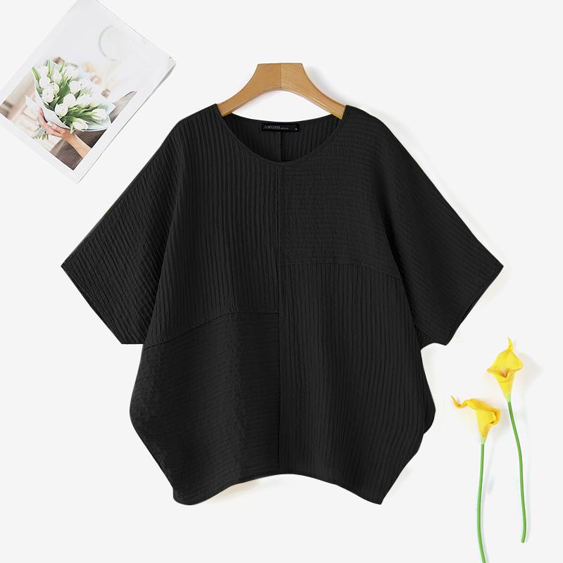 

ZANZEA Женская повседневная летняя блузка с коротким рукавом и круглым вырезом S чёрный