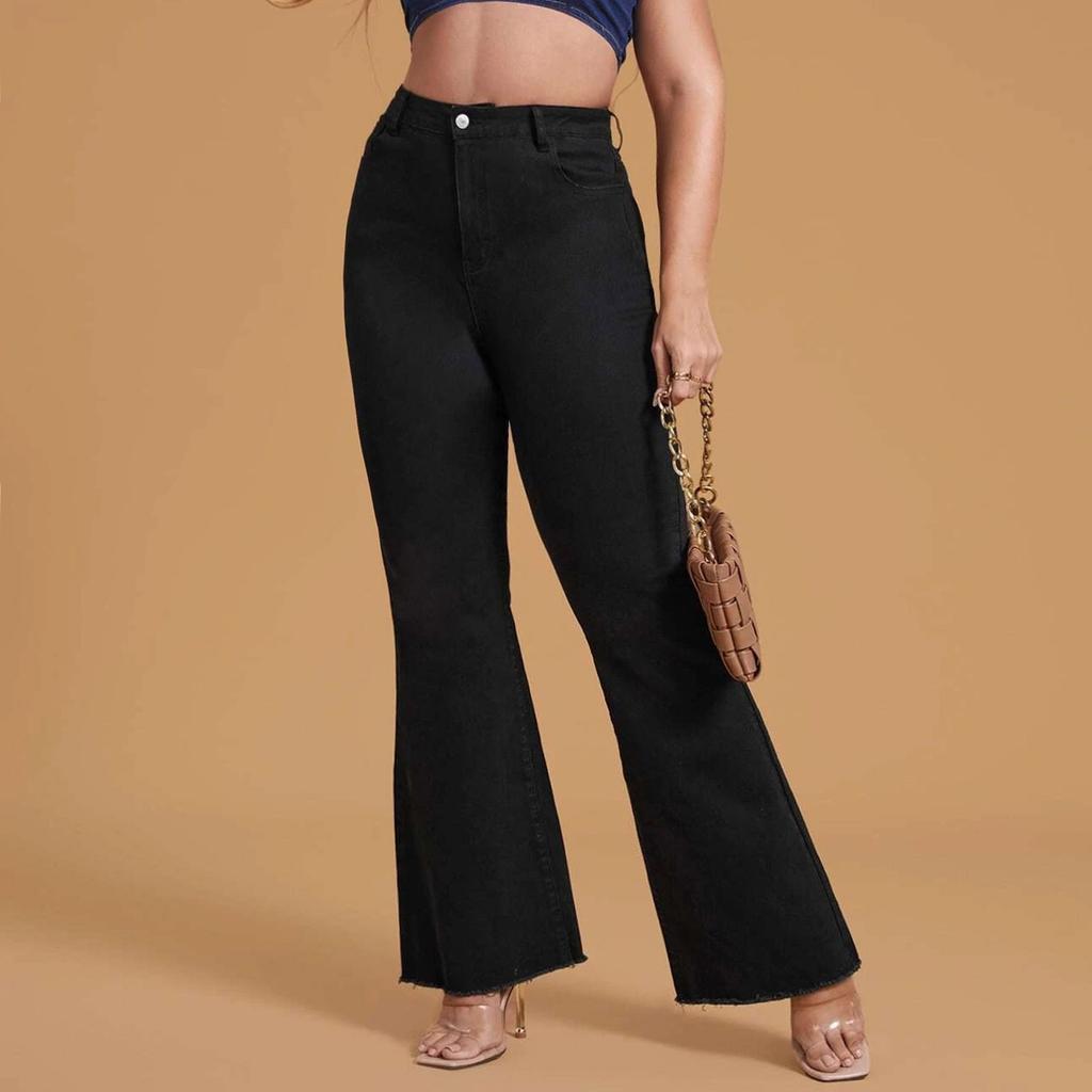 Ladies' Solid Color Casual Versatile Mid Waist Fringed Denim Big Flared Pants Jeans
