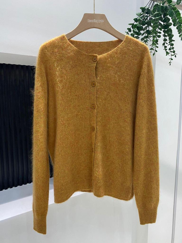 Women's Gray Wool Knit Cardigan - Brushed, Pilled Sweater for Autumn/Winter, High-End Simple Style Coat