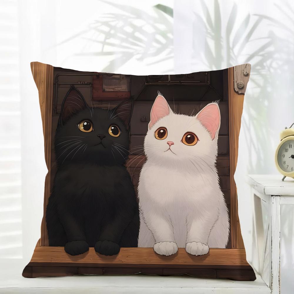 L-Little Black Cat Couple Pillow Cute Cushion Cover Daily Washable Linen Pillowcase Soft For Sofa Bed Home Room Decor