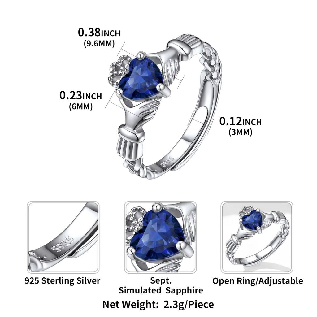 3mm 925 Silver Claddagh Rings Heart Birthstones 6*9.mm Opal Adjustable Ring for Woman Wedding Birthday Jewelry Gift for Her
