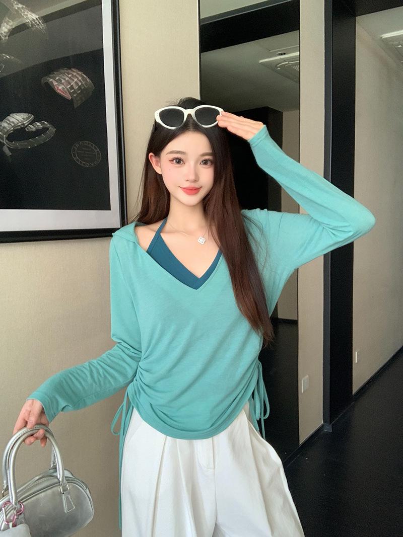 

Spring 2026 Plus Size Women s Color Block Hooded Halter Top with Cinched Waist 4XL чёрный