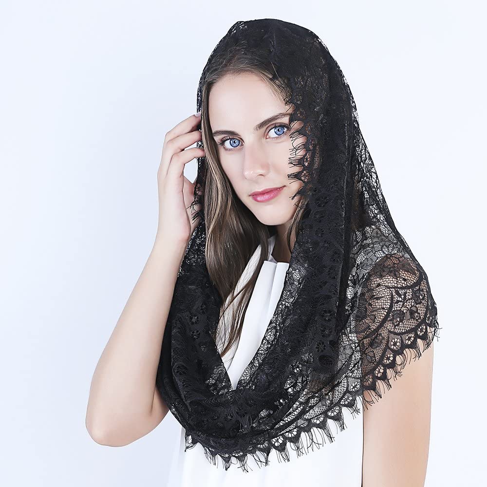 Women Infinity Scarf Lady Mantilla Lace Catholic Veil Elegant Church Veil Head Covering Latin Mass Wedding Bridal Shawl Black