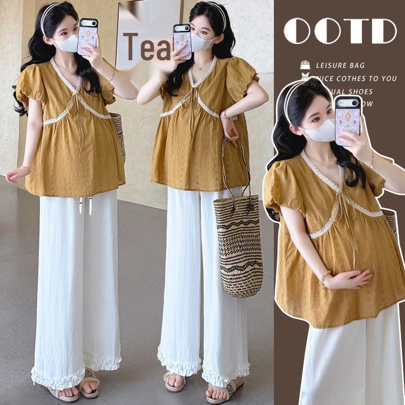 2026 Sweet V-Neck Puff Sleeve Maternity Top + Wide-Leg Pants Two-Piece Set M
