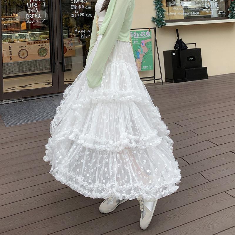 Qooth Plus Size Tulle Maxi Skirt Asymmetric Full Flare Tiered Skirt QT2731