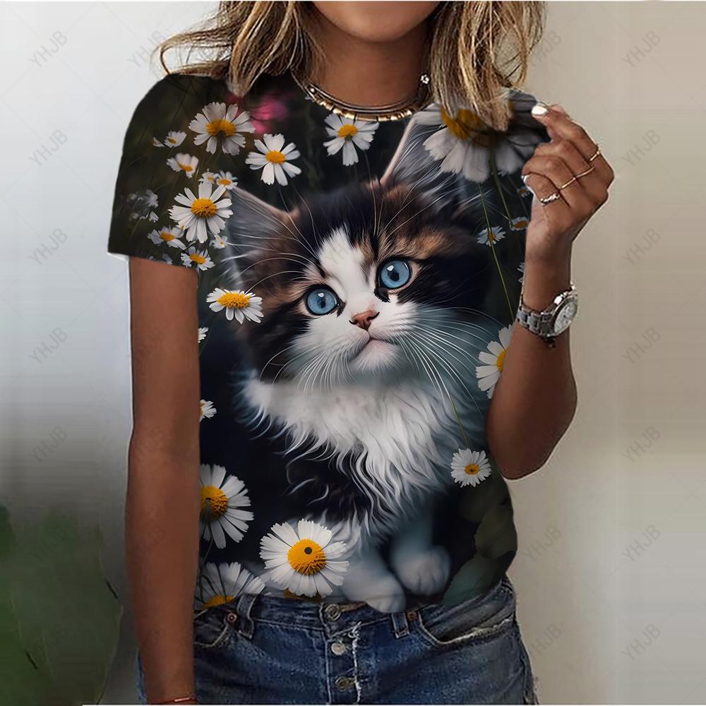 Sommer Rundhals 3D Katzenprint Top Modische Lässige Kurzarm Damen T-Shirts