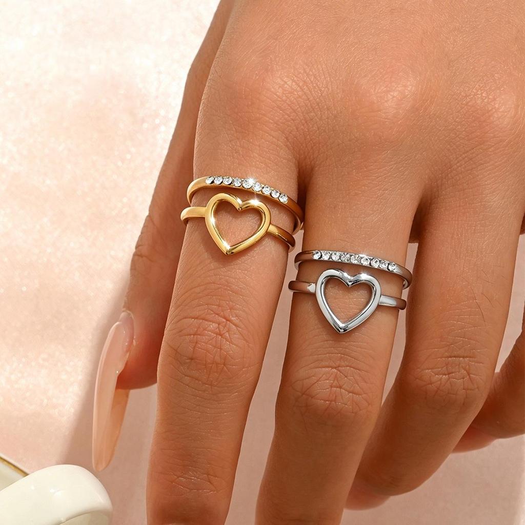 Elegant Double Row Heart Ring: Versatile Open Design with Inlaid Diamonds