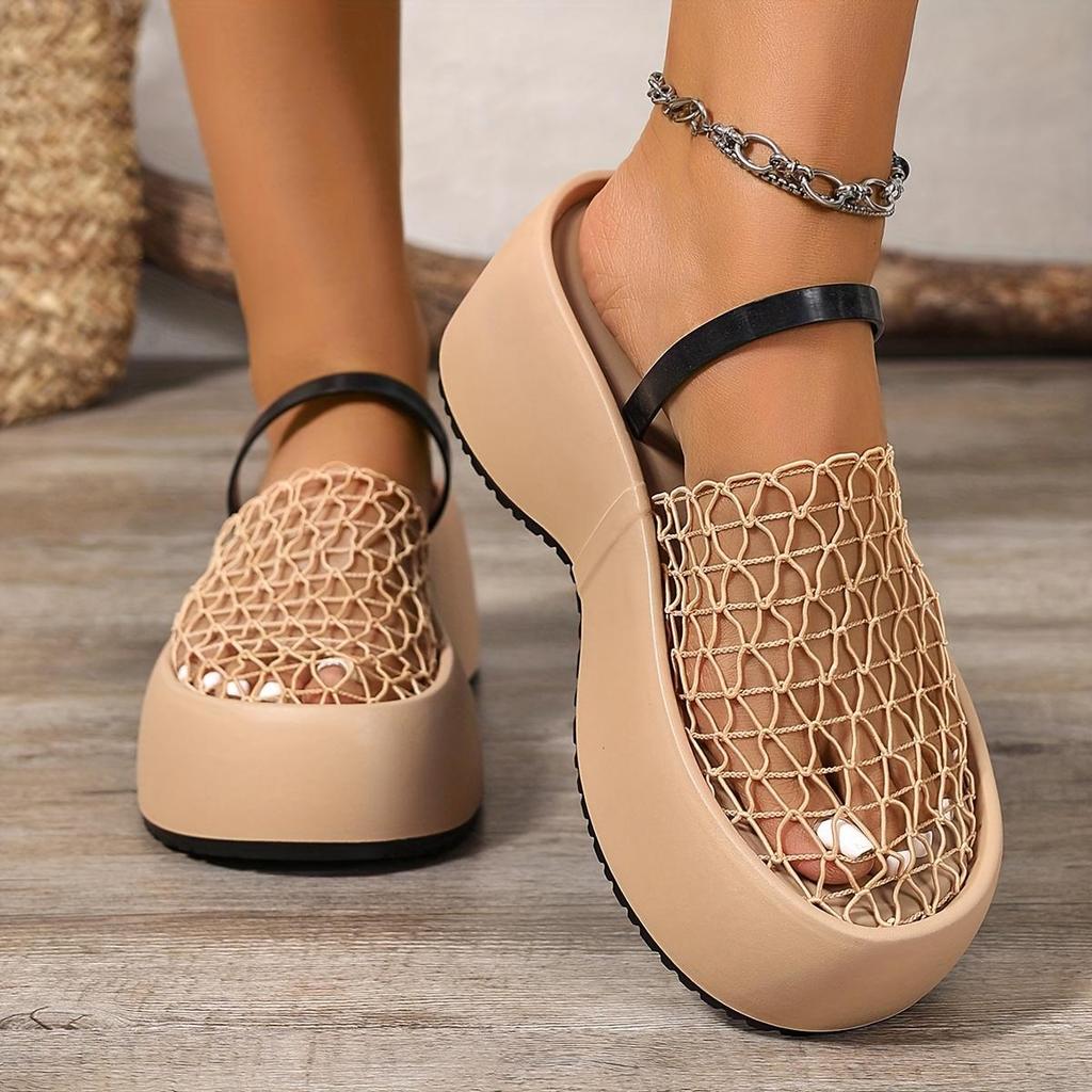 Stylish Black Mesh Fishnet Women's Casual Platform Sandals | Thick Cushioned Sole, Comfortable Slip-On Round-Toe Shoes for All-Season Wear