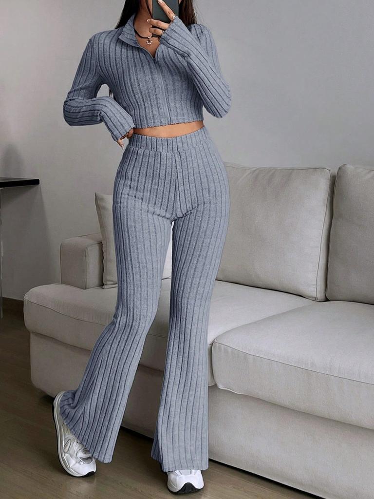 Fashion Solid Stitch Two-Piece Set with Zipper Long Sleeve Crop Top and High Waist Wide Leg Pants Women Casual Outfit