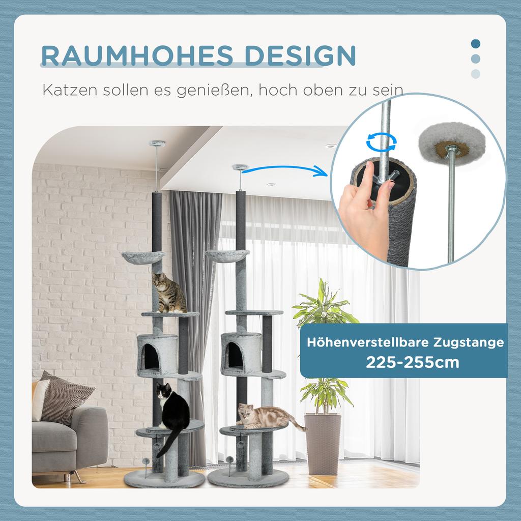 255cm Floor To Ceiling Cat Tree with Scratching Posts, Height Adjustable Cat Tower with Hammock, House, Anti-tipping Kit, Perches, Toys, Grey