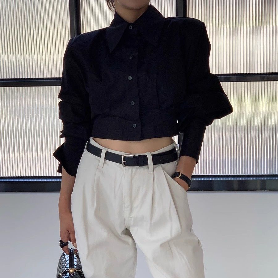 Autumn Niche Design Sense, Lapel, Back Hollow Strap, Buckle, Loose and Versatile Short Shirt for Women