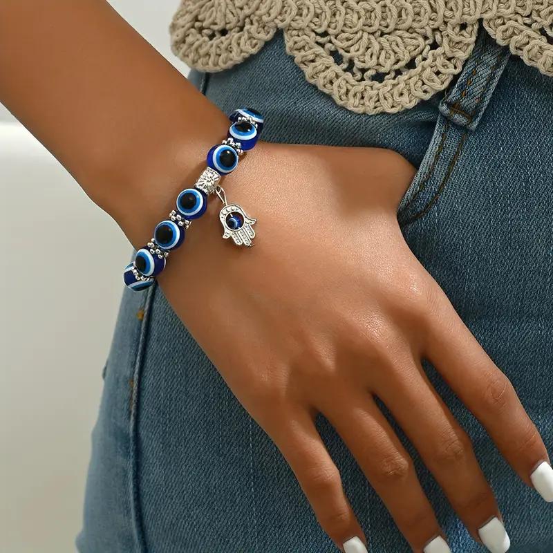 Evil Eye Beaded Bracelet w/Hand Charm | Adjustable Boho Zircon, Blue Eyes Beaded Minimalist, Vintage Chic Everyday Wear
