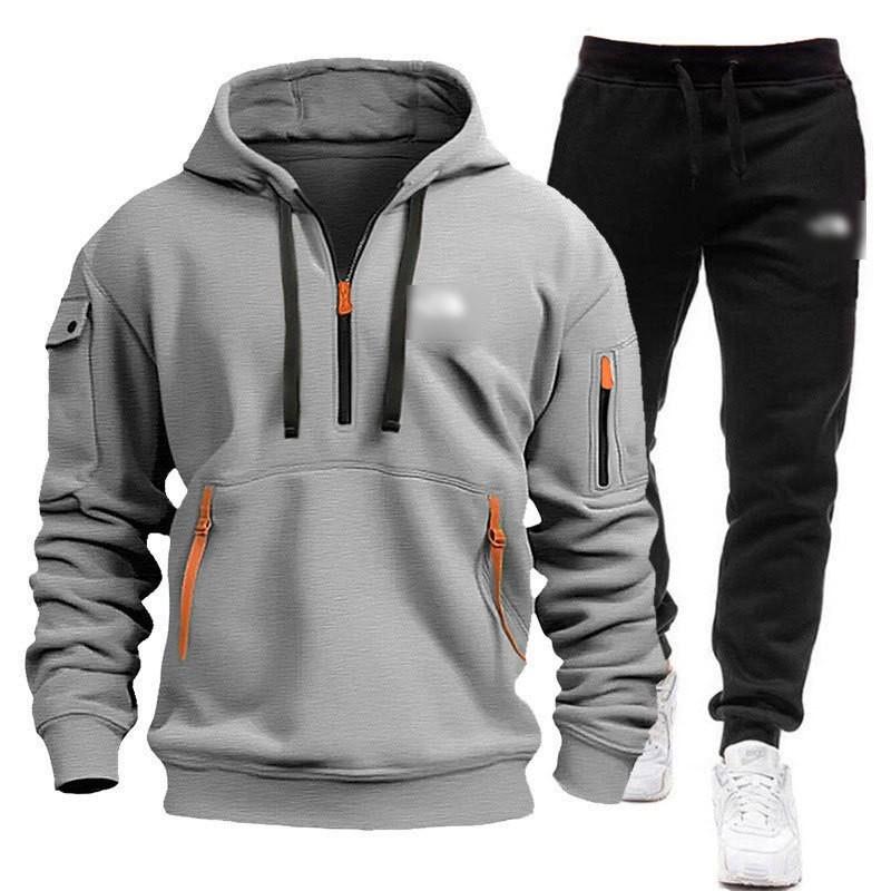 Mens Winter Hooded Tracksuit Long Sleeve Top Pants Set Multi Pockets Casual Sportswear