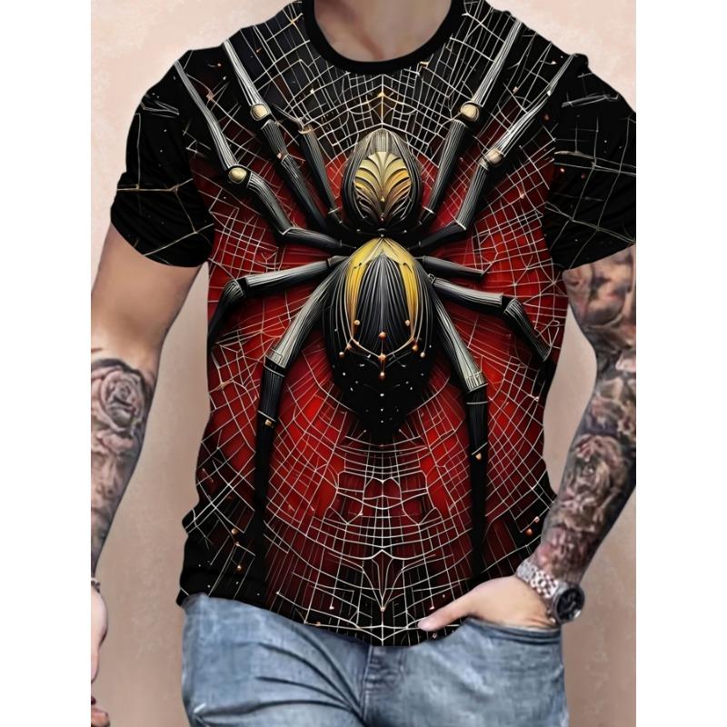 Pánské černé zlaté mechanické tričko pavučina 3D gotický grafický pavouk kulatý výstřih krátký rukáv