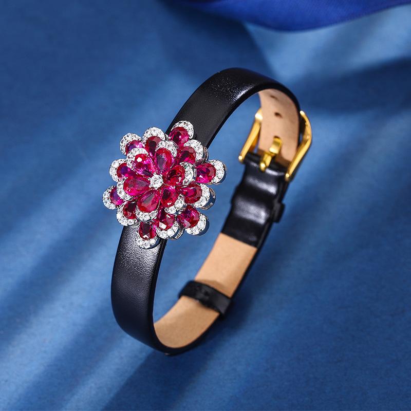 Jewelry Copper Bottom Gold-Plated Simulation Red Corundum Eternal Flower High-End Light Luxury Suit Women