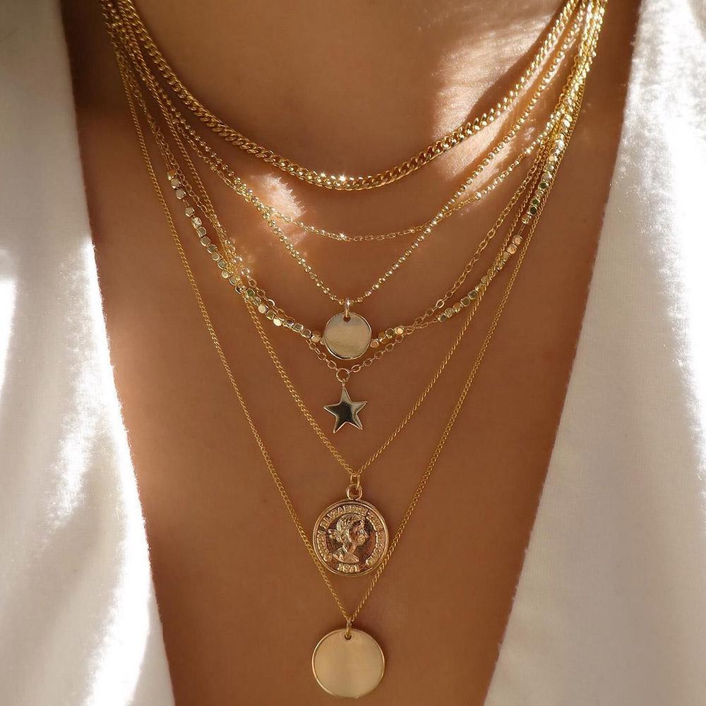 Vintage Gold Color Multiple Styles Necklace For Women Trendy Multi-Layer Disc Pendant Necklaces New Tendyaces Set Jewelry Gifts