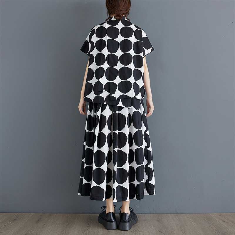 Polka Dot Print Summer Casual Two Piece Set Short Sleeve Loose Blouse Women Shirt Top Fashion Clothing Long Skirts Suit 2025