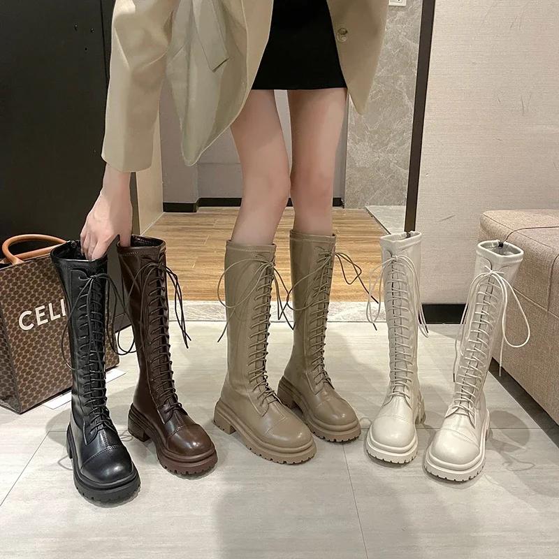 Fashion 2024 High Quality Shoes for Women Lace Up Women's Boots Autumn Round Toe Solid High Tube Block Heel Fashion Boots Zapatos Mujer