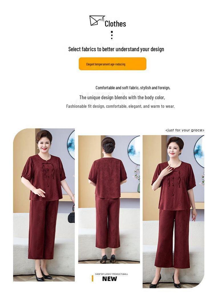 Chinese Style Summer Two-Piece Set: Mid-aged and Elderly Mom Short Sleeve Loose T-shirt and Fashionable Pants