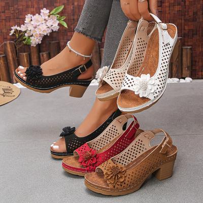 Flower High Heel Sandals Summer New European and American Fashion Block Heel Buckle Women's Sandals