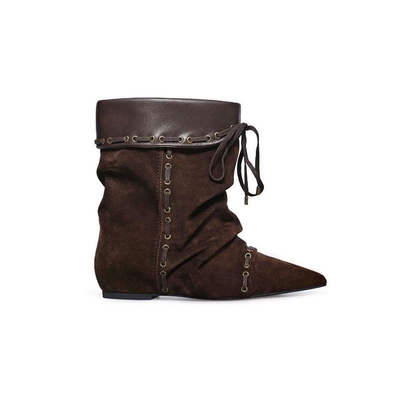 Folded Pointed Short Boots Women's Flat Bottom Straps Autumn and Winter New Retro Niche Maillard Western Cowboy Boots