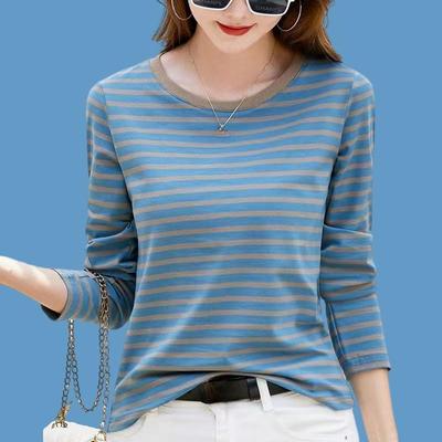 T-shirt da Donna in Cotone Traspirante a Manica Lunga, Vestibilità Larga, Semplice a Strisce, Top Casual Autunnale