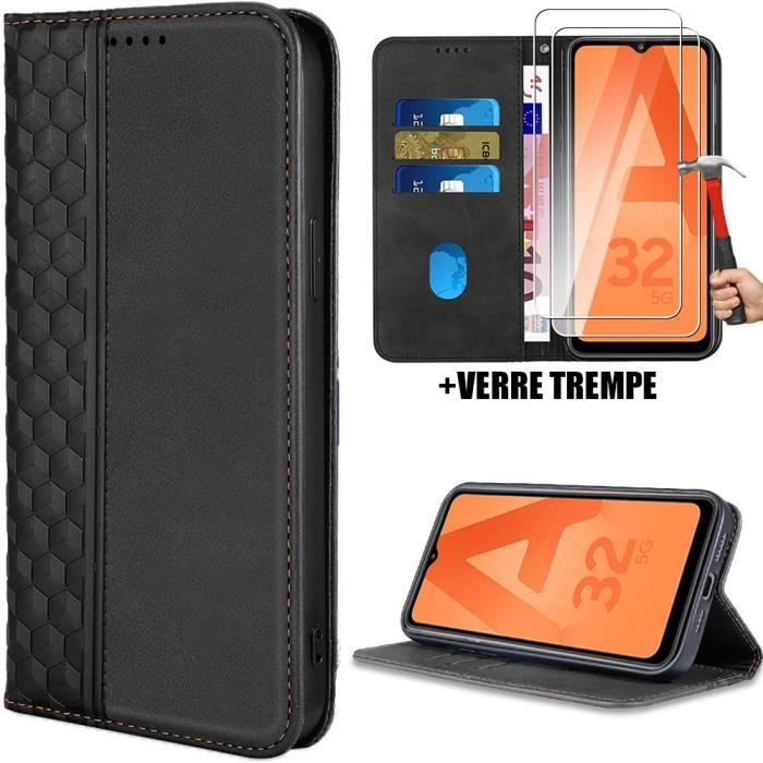 Coque de protection - BOOLING - pour Samsung Galaxy A32 5G - Cuir Synthétique Noir - Motif Mosaïque - 2 Verres Trempés 9H