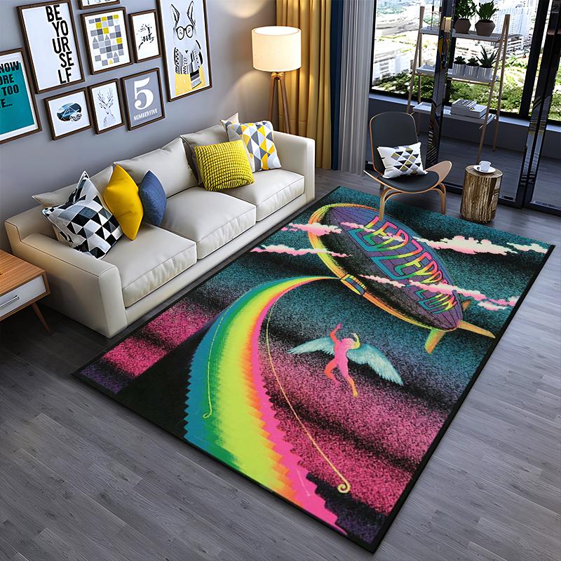 Led Zeppelin Blimp with Angel & Rainbow Design Non-slip rug suitable for living room and bedroom sofas.