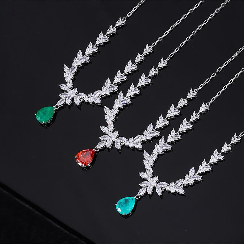 Cross Border Luxury Red Corundum Gemstone Pendant Zircon Necklace Collarbone Chain Formal Dress Evening Decoration Colorful Treasure