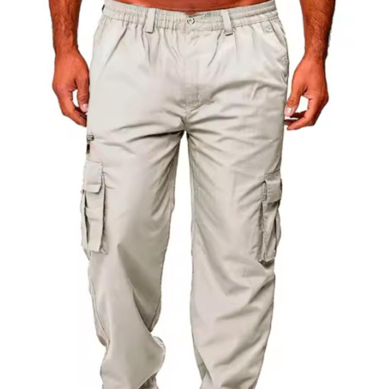 New casual workwear with multiple pockets, men's loose straight leg, solid color, multifunctional workwear pants, black jogging