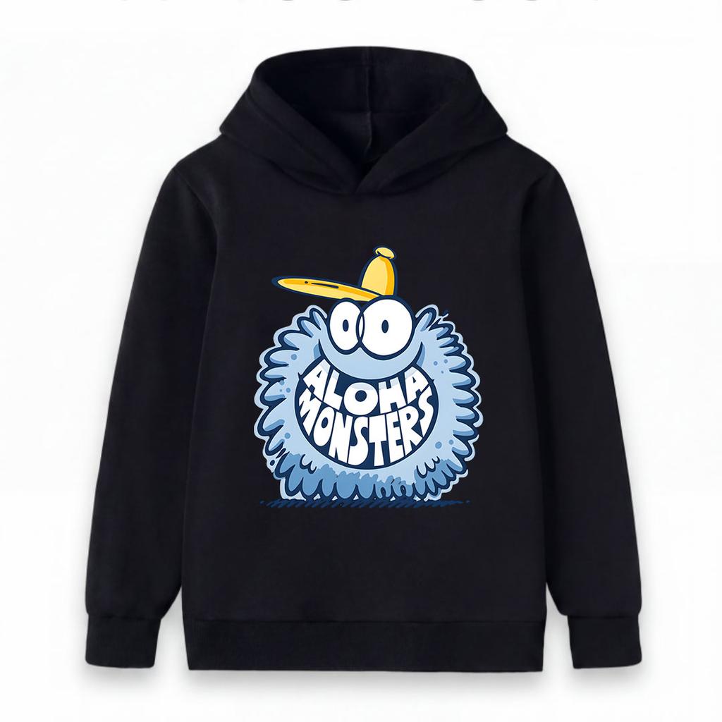 Kids Boys Girls Crewneck Hoodie, Cute Fuzzy Cartoon Monster Aloha Print Casual Long Sleeve Pullover Sweatshirt, Cozy Lightweight Tops For
