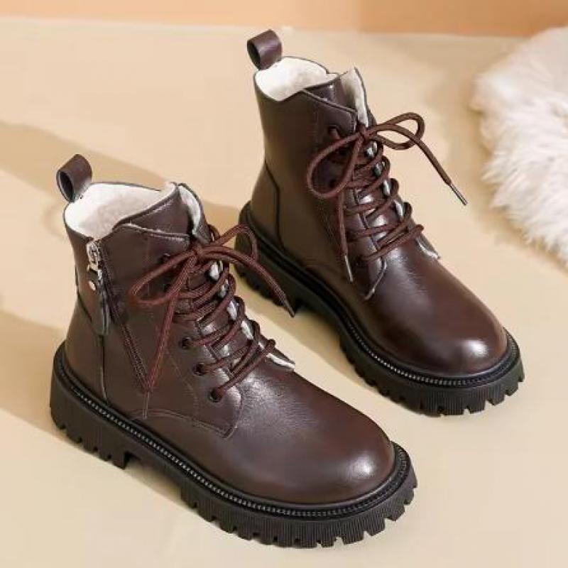Women Genuine Leather Ankle Boots Zipper Short Plush Brown Women's Ankle Boots Platform Thick Heel Motorcycle Boots Women Shoes