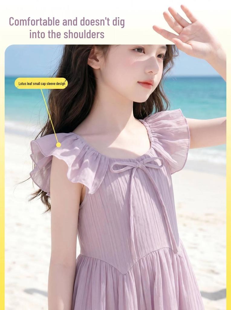 Girls' Puff Sleeve Lace Cake Dress - Summer 2026 Style, Slim Waist Long Dress for Kids