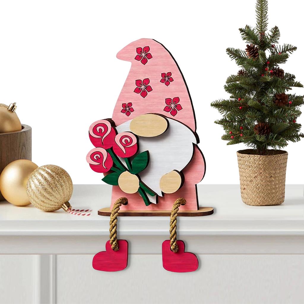 Wooden Pink Red Valentines Gnome Sign Tabletop Centerpiece Romantic Valentines Gnome Ornament for Wedding Home Tiered Tray Decor